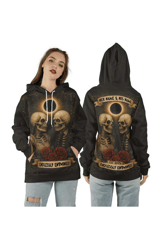 Endlessly Entwined Skeleton Couple 3D Hoodie, Rose Skull Love Inspired All-Over Print Hoodie, Personalized Valentine Hooded Sweatshirt for Couples