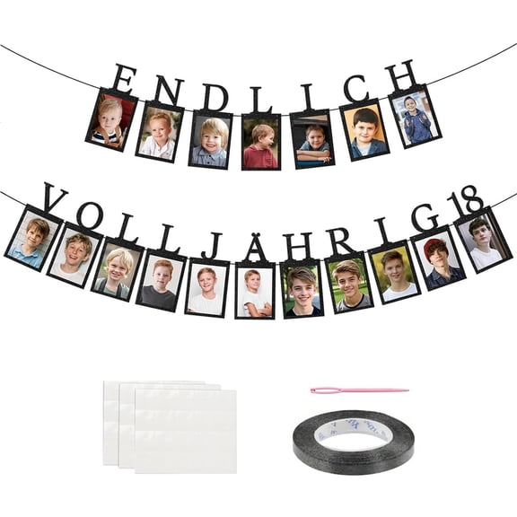 Endlich Volljhrig 18 Photo Banner, Black Glitter German Letter Picture Frame Bunting, German 18th Birthday Coming of Age Party Photo Wall Decor