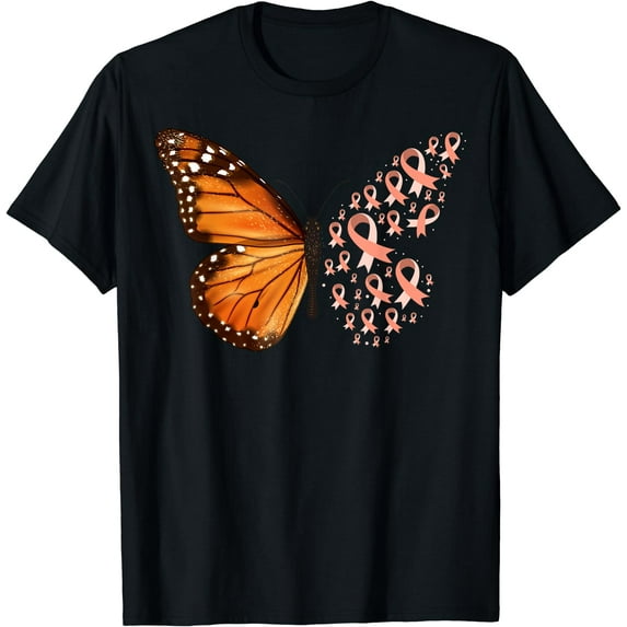 Endometrial Cancer Awareness Butterfly Peach Ribbon Month T-Shirt Black 3X-Large