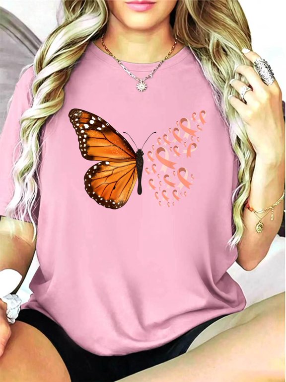 Endometrial Cancer Awareness Butterfly Peach Ribbon Month T-Shirt Short Sleeve T Shirt