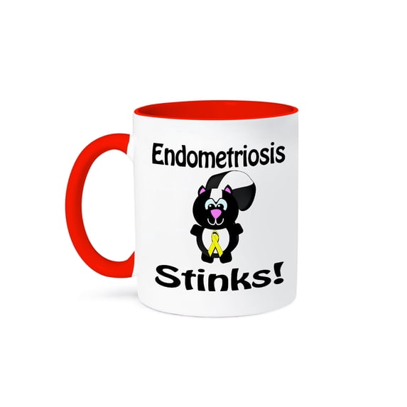 3dRose, Endometriosis Stinks Skunk Awareness Ribbon Cause Design, 15oz Two-Tone Red Mug