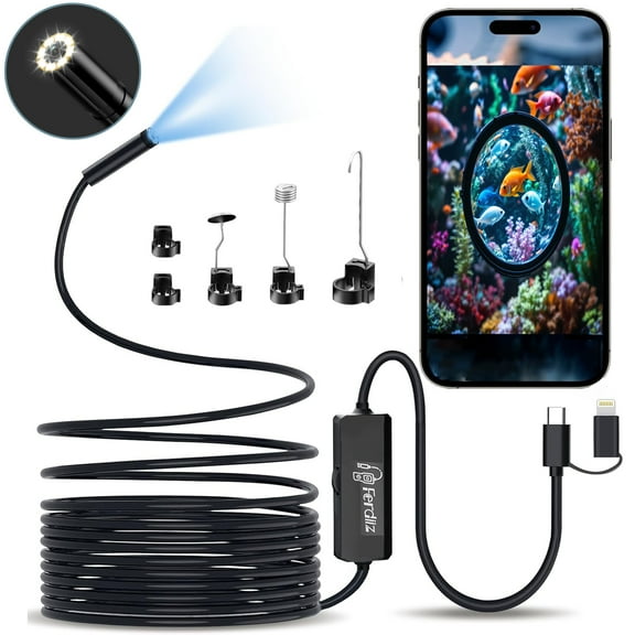Endoscope 1920P HD IP67 Lens with 8 LED Lights Inspection Camera Semi-Rigid Cable (16.5 FT/5M)