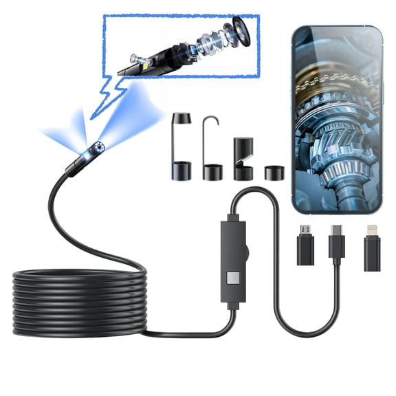 Endoscope Camera, 1920P HD Borescope with 8 LED Lights, 16.4FT Semi-Rigid Snake Camera, IP67 Waterproof Inspection Camera for iOS & Android, Dual Lens