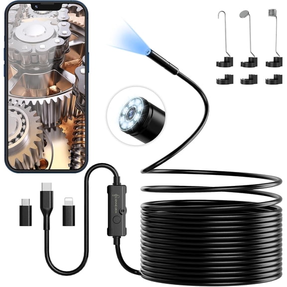 Endoscope Camera 1920P HD, Borescope with 8 LED Lights, 16.4ft Waterproof Inspection Camera for iPhone Android, iOS, iPad, Samsung, IP67 Waterproof, 7.9mm