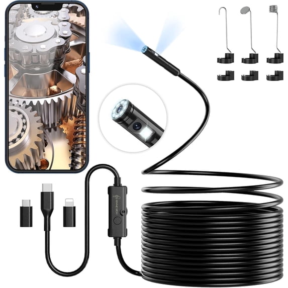 Endoscope Camera with 1920P HD Dual-Lens, 8+1 Adjustable LED Lights, 16.4ft Semi-Rigid Snake Camera, IP67 Waterproof 7.9mm Inspection Tool for iOS & Android