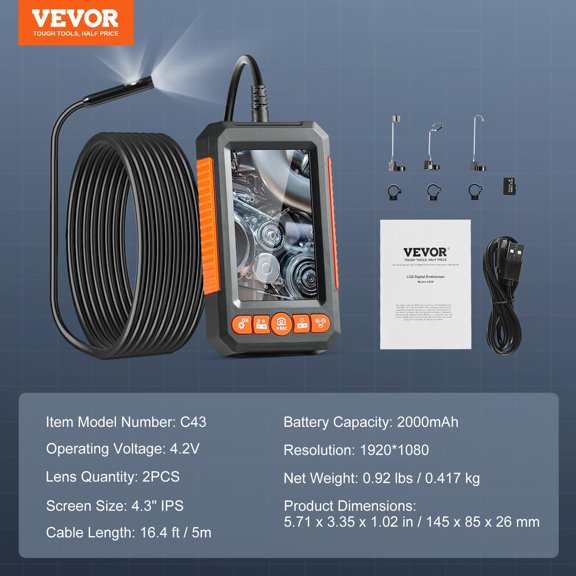 Endoscope Camera 4.3" HD Screen, 16.4FT Flexible Cable, Dual Lens & 6 LEDs - Borescope for Automotive, Plumbing, DIY Repairs