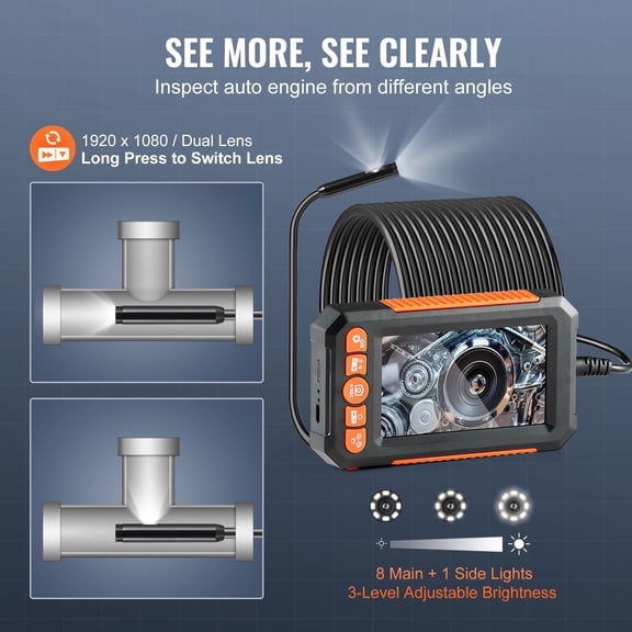 Endoscope Camera Dual Lens Borescope With 49.2FT Semi-Rigid Cable, Cable Length 15 m, Battery, Adjustable, Endoscope Camera with Light, for MIG TIG ARC plasma welding workshop and repair use
