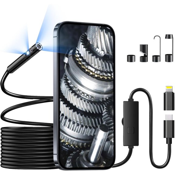 Endoscope Camera with Light 1 Interface Lightining Adapter, Dual Lens 1920P Borescope 8+1 Adjustable LED Lights, Semi-Rigid Cable 16.5FT, IP67 Waterproof for iPhone, iPad, Samsung