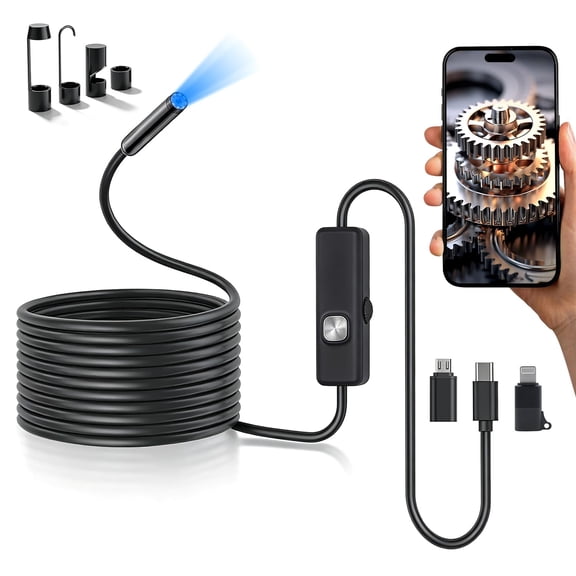 Endoscope Camera with Light,16.4ft Dual-Lens Borescope Tools with 8 Adjustable LED Lights, Endoscope with Semi-Rigid Snake Camera, IP67 Waterproof Inspection Borescope for iOS and Android