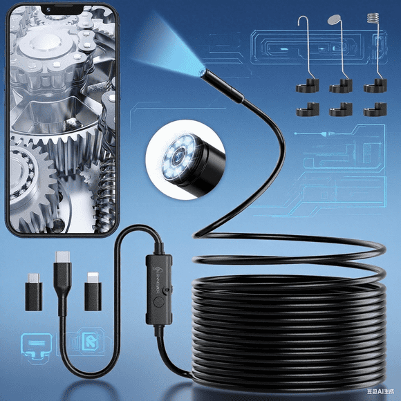 Endoscope Camera with Light, 1920P HD Borescope with 8 Adjustable LED Lights, 16.4ft Semi-Rigid Snake Camera with Light, IP67 Waterproof 7.9mm Inspection Camera, Suitable for iOS and Android