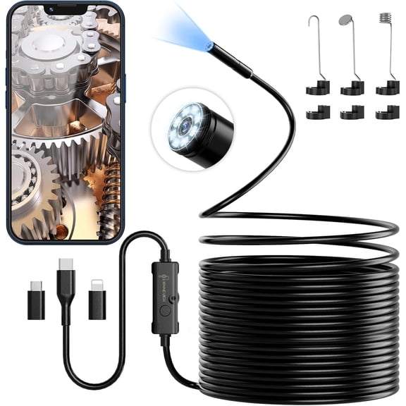 Endoscope Camera with Light, 1920P HD Borescope with 8 Adjustable LED Lights, 32.8ft Semi-Rigid Snake Camera, IP67 Waterproof 7.9mm Inspection Camera for iOS & Android