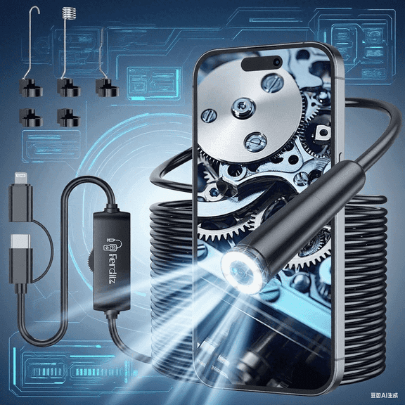 Endoscope Camera with Light, 1920P HD Borescope with 8 Adjustable LED Lights, Borescope with 32.8ft Semi-Rigid Snake Camera with Light, 7.9mm IP67 Waterproof, Suitable for iOS and Android