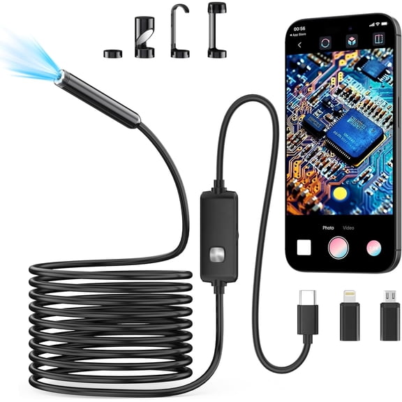 Endoscope Camera with Light,1920P HD Borescope with 8 Adjustable LED Lights, Endoscope with Semi-Rigid Snake Cable, IP67 Waterproof Inspection Borescope for iOS and Android-16.4ft Single Lens