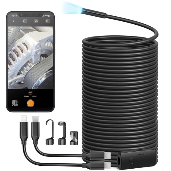 Endoscope Camera with Light, 1920P HD Borescope 8 Adjustable LED Lights, Semi-Rigid Snake IP67 Waterproof Inspection Cam for iPhone & Android, 50 ft Single Lens