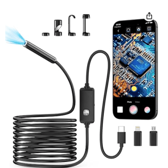 Endoscope Camera with Light, 1920P HD Borescope Tools with 8 Adjustable LED Lights, Endoscope with Semi-Rigid Snake Camera, Inspection Borescope for iOS - 16.3ft Single Line Single Lens