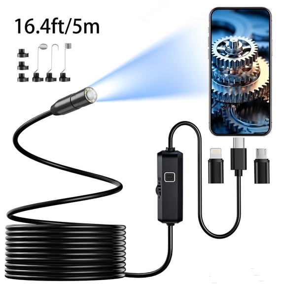 Endoscope Camera with Light,1920P HD Borescope Tools with 8 Adjustable LED Lights, Endoscope with Semi-Rigid Snake Camera, Inspection Borescope for iOS and Android-16.4ft Single Lens