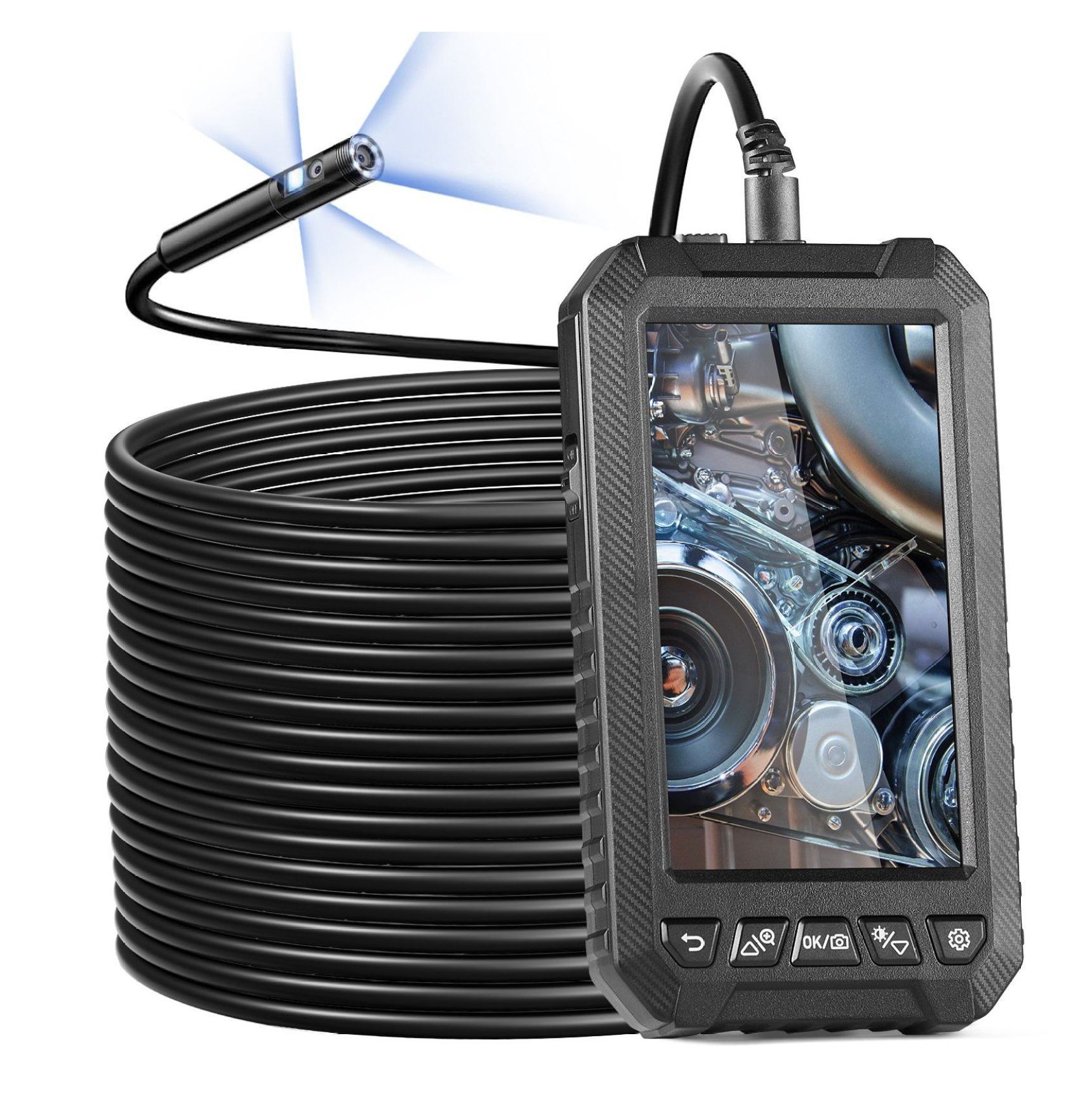 Endoscope Camera with Light, 49.2FT Borescope, 5" IPS Screen 1080P, 8+2 LED, IP67 Waterproof Snake Camera for Automotive, Plumbing Inspection (32GB SD Card)