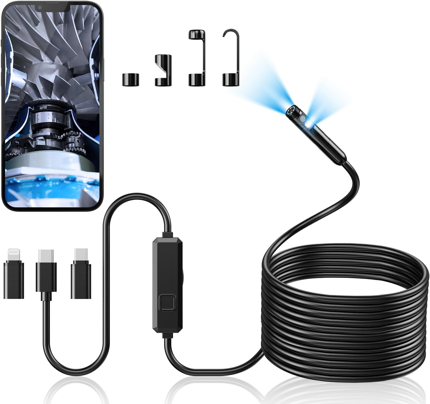Endoscope Camera with Light, Dual-Lens 1920P HD Borescope with 8 Adjustable LED Lights, IP67 Waterproof Boroscope Inspection Camera Tools, 9.8ft Semi-Rigid Snake Camera for iOS & Android