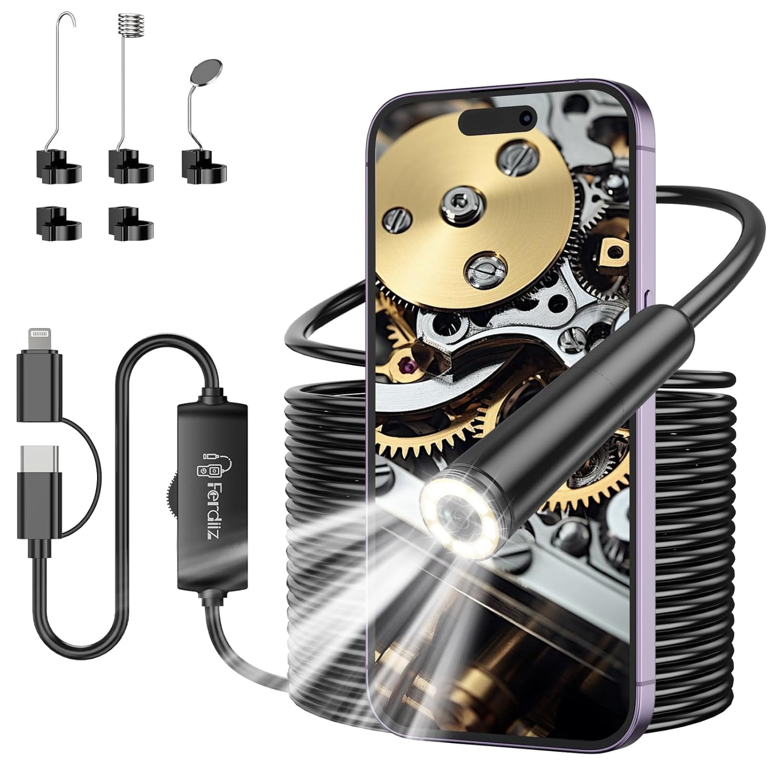 Endoscope Inspection Camera, 1920P HD Borescope with 8 Adjustable LED Lights, 32.8ft Semi-Rigid Snake Camera, IP67 Waterproof Drain Pipe Borescope Tool for iOS 9+ & Android 6+