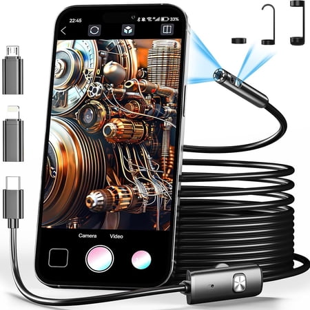 Endoscope with Light, 1920P HD Borescope with 8 Adjustable LED Lights, 16.4FT Semi-Rigid Snake Camera, IP67 Waterproof Inspection Tool for iPhone & Android - Dual Lens-16.4FTBlack-Dual Lens