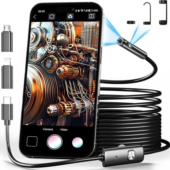 Endoscope with Light, 1920P HD Borescope with 8 Adjustable LED Lights, 16.4FT Semi-Rigid Snake Camera, IP67 Waterproof Inspection Tool for iPhone & Android - Dual Lens-16.4FTBlack-Dual Lens