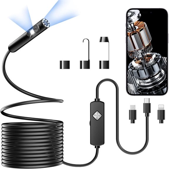 Endoscope with Light, 1920P HD Borescope with 8 Adjustable LED Lights, 16.4FT Semi-Rigid Snake Camera, IP67 Waterproof Inspection Tool for iPhone & Android - Dual Lens (Black)
