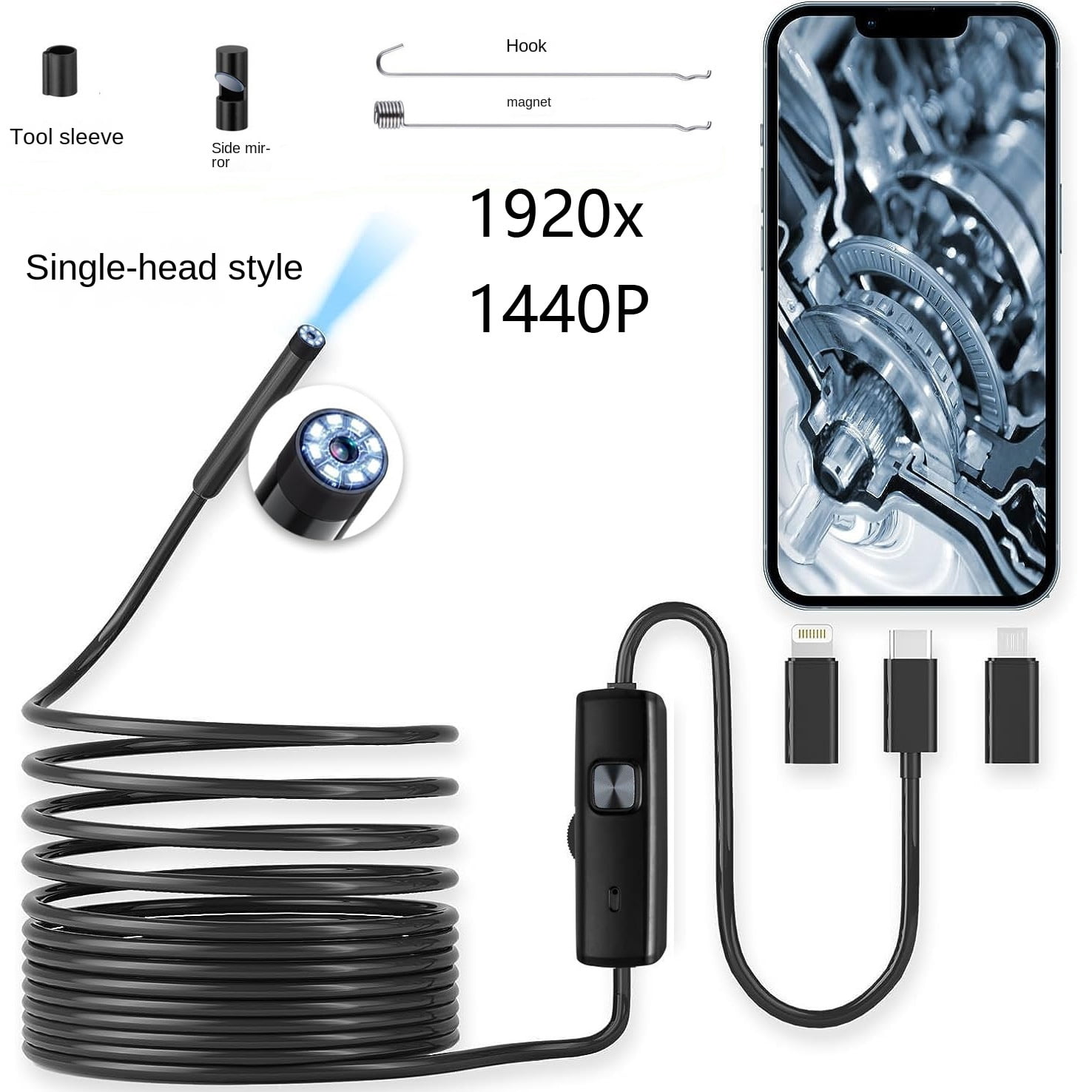 Endoscope with Light, 1920P HD Borescope with 8 Adjustable LED Lights, 9.8FT Semi-Rigid Snake Camera, IP67 Waterproof Inspection Tool for iPhone & Android -Single Lens