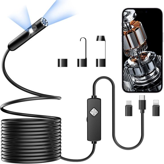 Endoscope with Light, 1920P HD Borescope with 8 Adjustable LED Lights, Semi-Rigid Snake Camera, IP67 Waterproof Inspection Tool for iPhone & Android - 16.4FT-Dual Lens (Black)