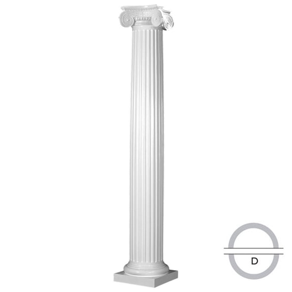 Endura-Stone Round Fluted Tapered Column (FRP), Smooth Paint-Grade, Greek Angular Ionic Capital and Tuscan Base 8" Diameter x 9' Overall Height - Split in 1/2 (Plan D)