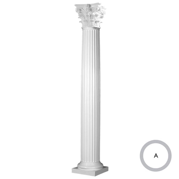 Endura-Stone Round Fluted Tapered Column (FRP), Smooth Paint-Grade, Roman Corinthian Capital and Tuscan Base 8" Diameter x 10' Overall Height - Unsplit/Whole (Plan A)