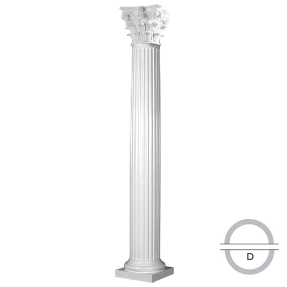 Endura-Stone Round Fluted Tapered Column (FRP), Smooth Paint-Grade, Roman Corinthian Capital and Tuscan Base 8" Diameter x 9' Overall Height - Split in 1/2 (Plan D)
