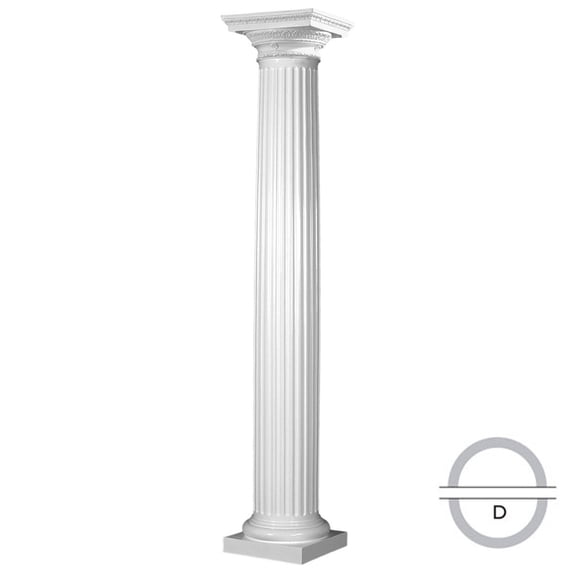 Endura-Stone Round Fluted Tapered Column (FRP), Smooth Paint-Grade, Roman Doric Ornamental Capital and Tuscan Base 12" Diameter x 12' Overall Height - Split in 1/2 (Plan D)