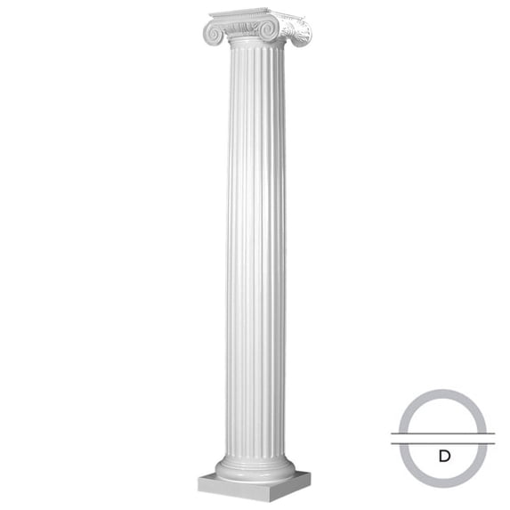 Endura-Stone Round Fluted Tapered Column (FRP), Smooth Paint-Grade, Roman Ionic Capital and Tuscan Base 8" Diameter x 10' Overall Height - Split in 1/2 (Plan D)