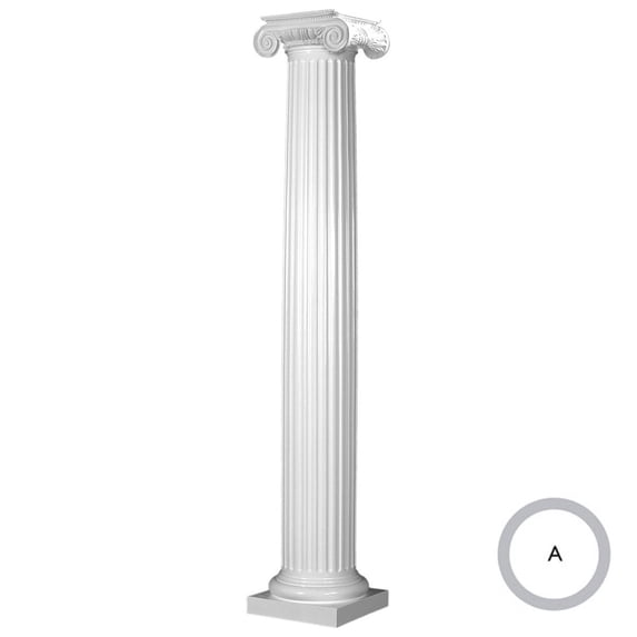 Endura-Stone Round Fluted Tapered Column (FRP), Smooth Paint-Grade, Roman Ionic Capital and Tuscan Base 8" Diameter x 10' Overall Height - Unsplit/Whole (Plan A)