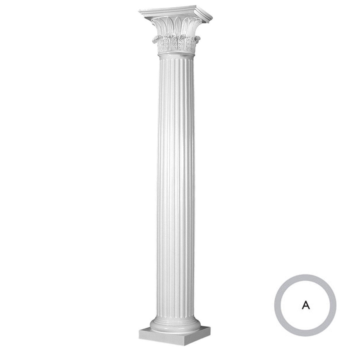 Endura-Stone Round Fluted Tapered Column (FRP), Smooth Paint-Grade, Temple of Winds Capital and Tuscan Base 12" Diameter x 9' Overall Height - Unsplit/Whole (Plan A)