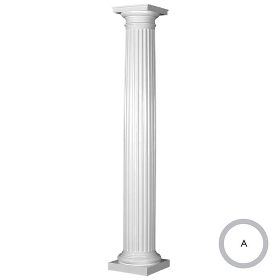 Endura-Stone Round Tapered Fluted Column (FRP), Smooth Paint-Grade, Tuscan Capital & Base, 8" Diameter x 8' Overall Height - Unsplit/Whole (Plan A)