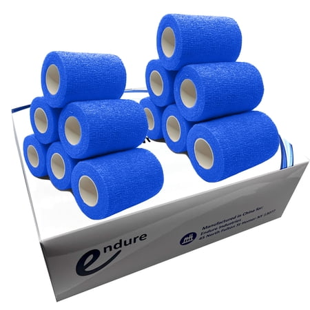 Endure Cohesive Bandage Wrap, Self Adherent Wrap 3 inch x 5 yd, Adhesive Flexible Breathable First Aid Gauze, Stretchable and Ideal for Athletic Use, Box of 12, Blue Color