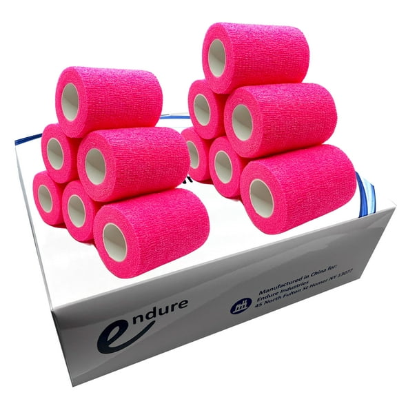 Endure Cohesive Bandage Wrap, Self Adherent Wrap 3 inch x 5 yd, Adhesive Flexible Breathable First Aid Gauze, Stretchable and Ideal for Athletic Use, Box of 12, Neon Pink