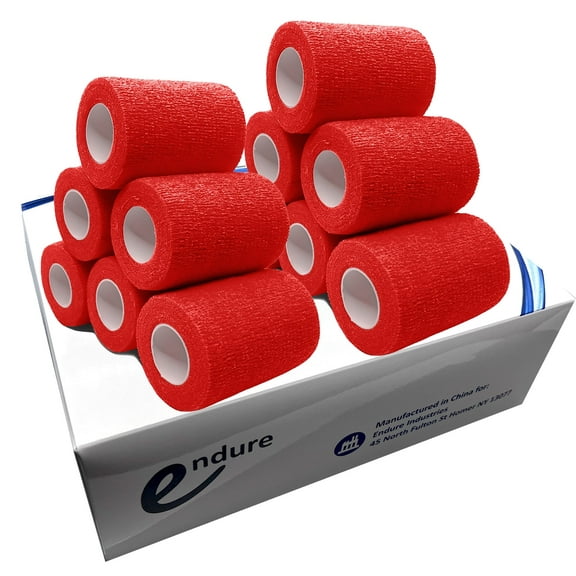 Endure Cohesive Bandage Wrap, Self Adherent Wrap 3 inch x 5 yd, Adhesive Flexible Breathable First Aid Gauze, Stretchable and Ideal for Athletic Use, Box of 12, Red Color