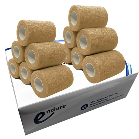 Endure Cohesive Bandage Wrap, Self Adherent Wrap 3 inch x 5 yd, Adhesive Flexible Breathable First Aid Gauze, Stretchable and Ideal for Athletic Use, Box of 12, Tan Color