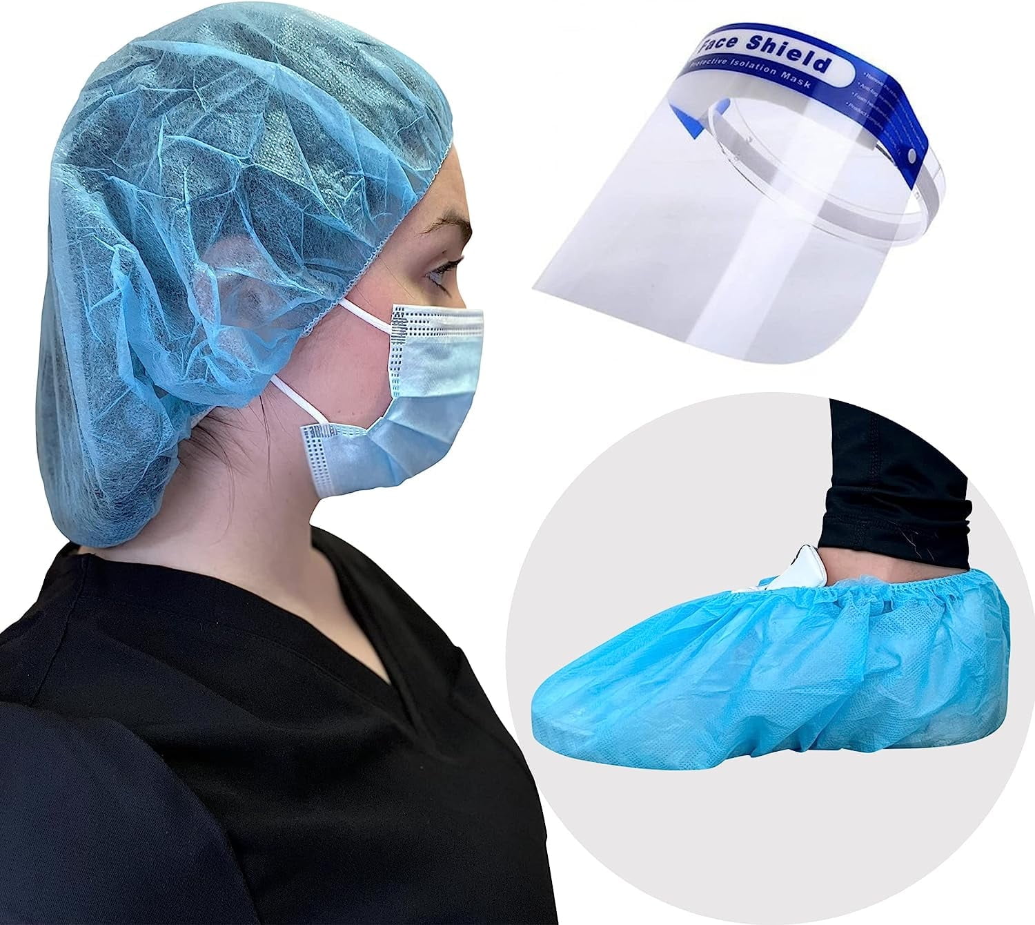 Endure Medical Supply Combo, Disposable Bouffant Cap 24” Pack of 100, Anti-Skid Shoe Cover Blue Pack of 100, Disposable Blue Ear Loop Face Mask Pack of 50 & Face Shield Pack of 5