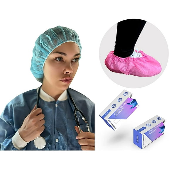 Endure Medical Supply Combo, Disposable Bouffant Cap 24 Pack of 100, Anti-Skid Shoe Cover Pink Pack of 100 & 2 Boxes Feather Lite Nitrile Exam Gloves L size