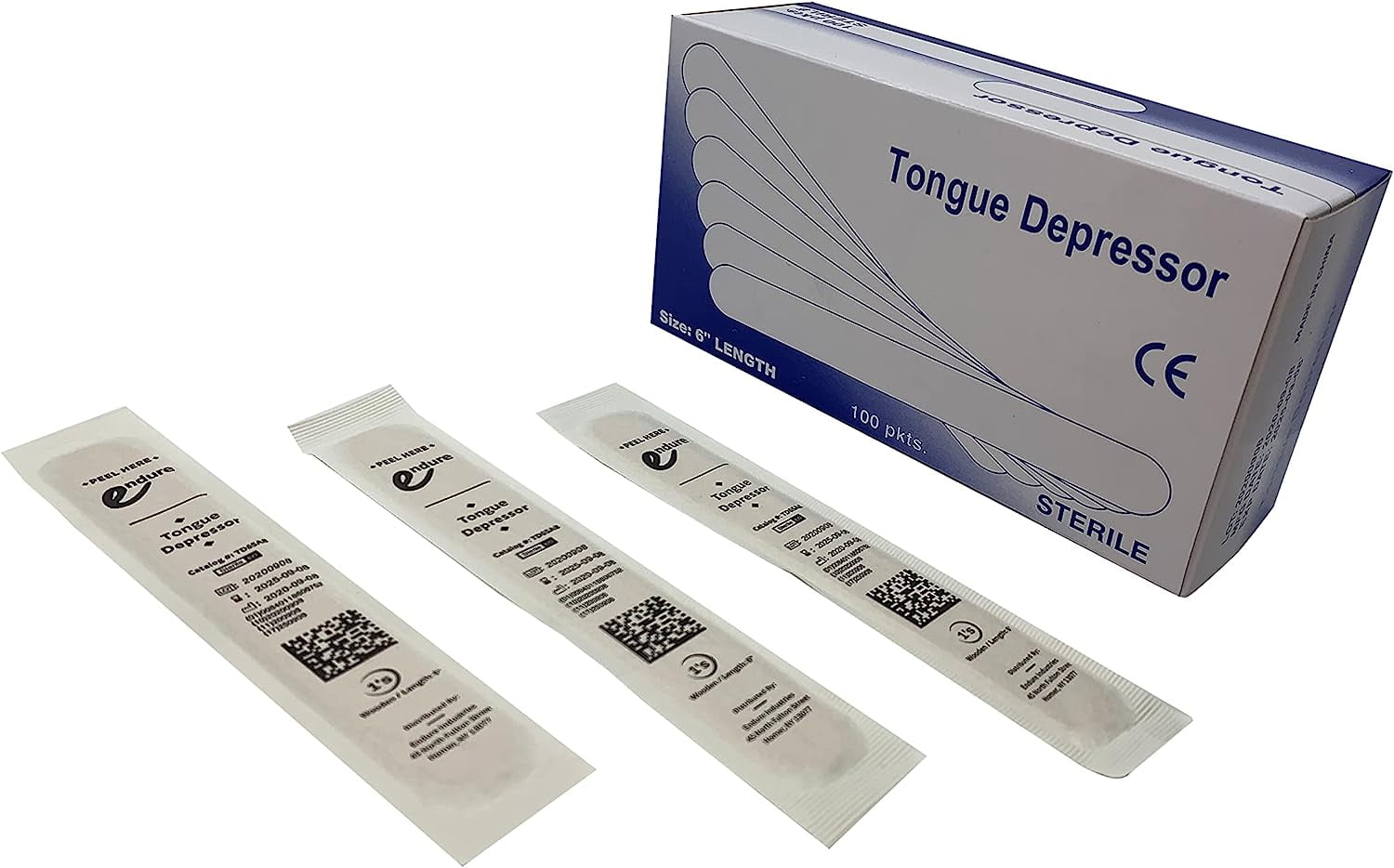 Endure Wooden Tongue Depressor, 6 Inch Length, Sterile, Box of 100