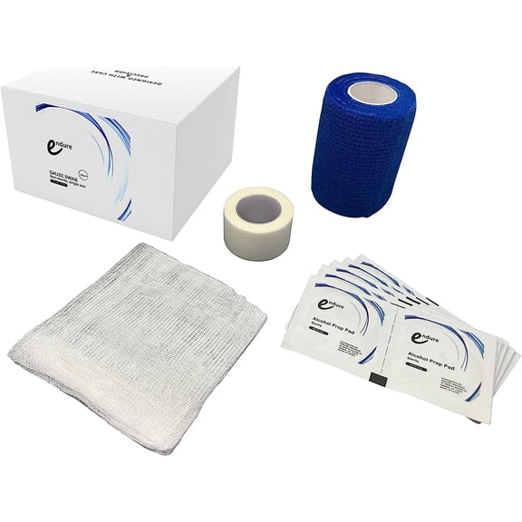 Endure Wound Care Kit 1, First Aid Variety Pack That Includes, Non-Sterile Gauze Swab 4"x4" Pack of 100, 1 Roll of White Paper Tape, 10 Alcohol Prep Pads & 1 Cohesive Bandage (Blue Cohesive Wrap)