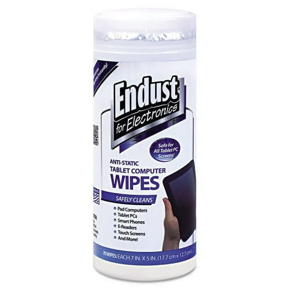Endust Tablet and Laptop Cleaning Wipes, 5 x 7, Unscented, White, 70/Tub, Each