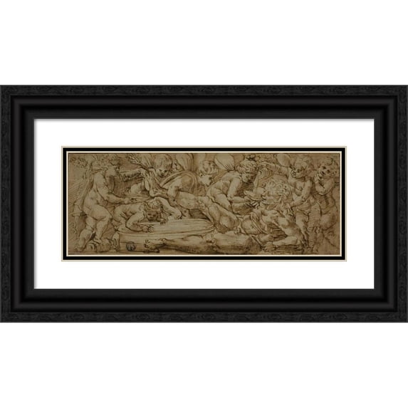 Enea Salmeggia 24x11 Black Ornate Framed Double Matted Museum Art Print Titled: Bacchanale with Putti (C. 1560)