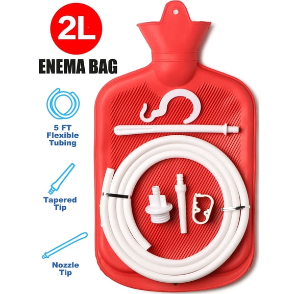 Enema Bag,Reusable 2L Enema Bag Kit Colon Cleaning Irrigation Detox Rubber Bag Enema Kit,Red