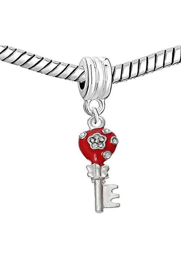 Enemal Red Lovers Lock With Clear Flower Crystals Charm Spacer Bead For Snake Chain Bracelet
