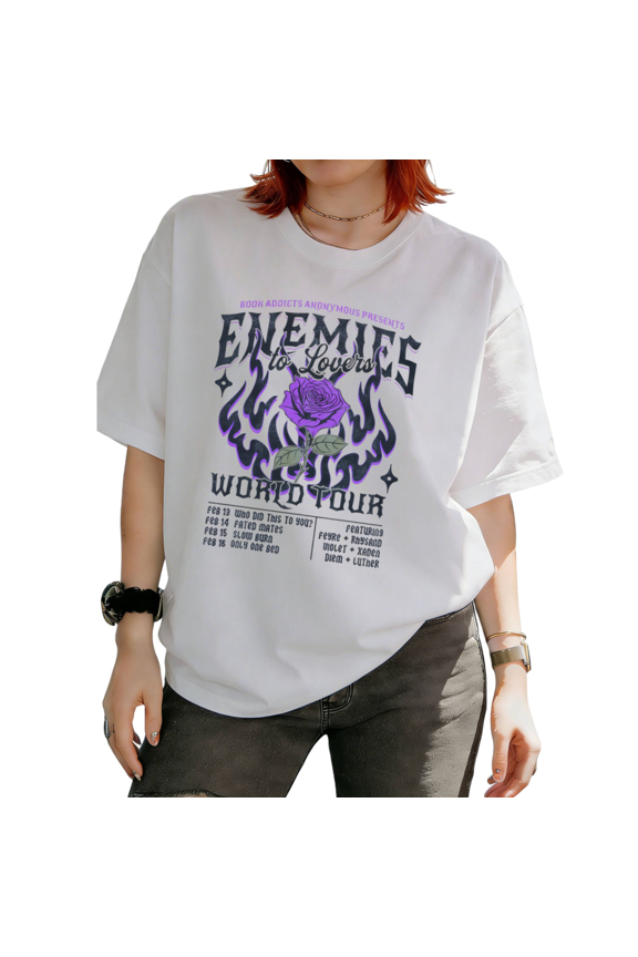 Enemies To Lovers Fire Rose Graphic Tees T-Shirt daily wear and Breathable Short Sleeve Round Neck White S-5XL