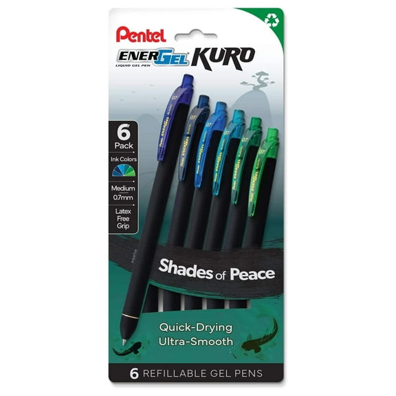 EnerGel Kuro, Shades of Peace, Liquid Gel Pen, 0.7mm, 6-pk